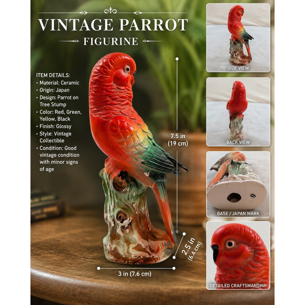 Vintage Ceramic Parrot Figurine Red Tropical Bird on Stump Made in Japan 8.5"